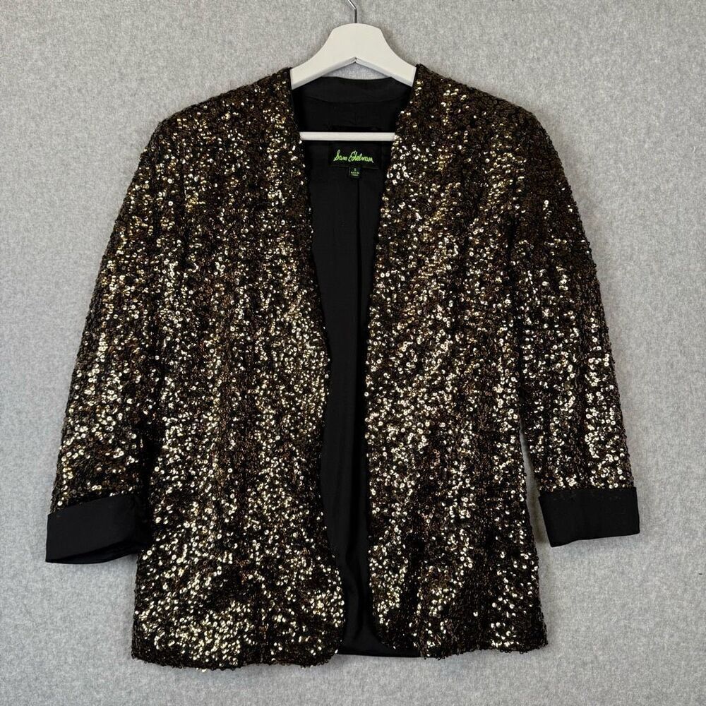 Sam Edelman Womens Small All Over Sequin Jacket Black Gold Cruise Resort Wear